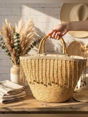 Boho Straw Market Tote Bag Bamboo Handle Woven Beach Purse Beaded Fringe Large
